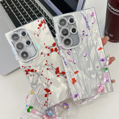 For Samsung Galaxy S25 Ultra 5G Electroplating Flower Texture Wristband TPU Phone Case(Red Plum Blossom SH2) by buy2fix