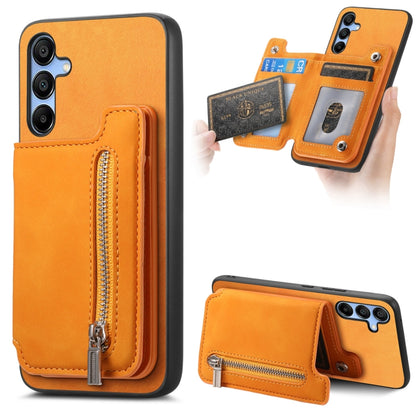 For Samsung Galaxy S25 5G Retro MagSafe Zipper Wallet Card Bag Back Phone Case(Yellow) by buy2fix