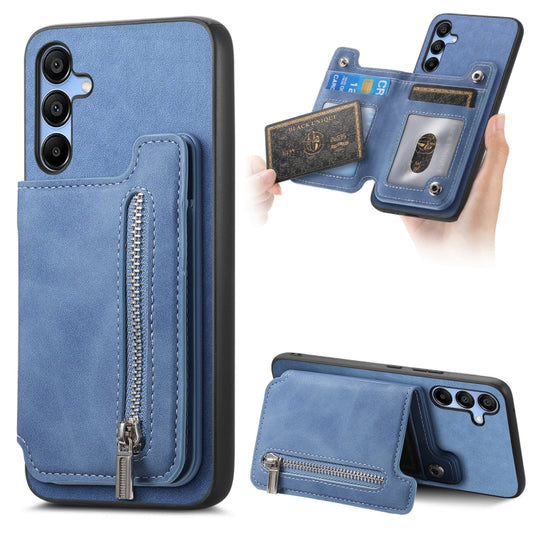 For Samsung Galaxy S25 5G Retro MagSafe Zipper Wallet Card Bag Back Phone Case(Blue) by buy2fix