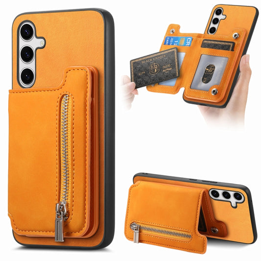 For Samsung Galaxy S25+ 5G Retro MagSafe Zipper Wallet Card Bag Back Phone Case(Yellow) - Galaxy S25+ 5G Cases by buy2fix | Online Shopping UK | buy2fix