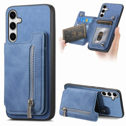 For Samsung Galaxy S25+ 5G Retro MagSafe Zipper Wallet Card Bag Back Phone Case(Blue) - Galaxy S25+ 5G Cases by buy2fix | Online Shopping UK | buy2fix