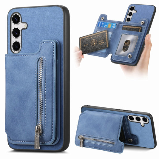 For Samsung Galaxy S25+ 5G Retro MagSafe Zipper Wallet Card Bag Back Phone Case(Blue) - Galaxy S25+ 5G Cases by buy2fix | Online Shopping UK | buy2fix