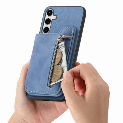 For Samsung Galaxy S25+ 5G Retro MagSafe Zipper Wallet Card Bag Back Phone Case(Blue) - Galaxy S25+ 5G Cases by buy2fix | Online Shopping UK | buy2fix