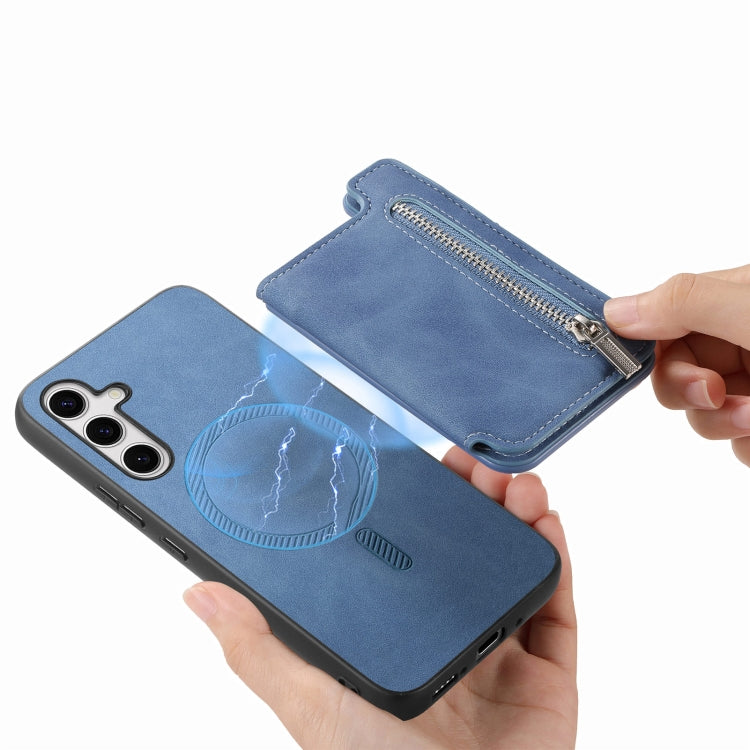 For Samsung Galaxy S25+ 5G Retro MagSafe Zipper Wallet Card Bag Back Phone Case(Blue) - Galaxy S25+ 5G Cases by buy2fix | Online Shopping UK | buy2fix