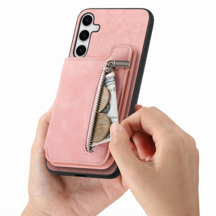 For Samsung Galaxy S25+ 5G Retro MagSafe Zipper Wallet Card Bag Back Phone Case(Pink) - Galaxy S25+ 5G Cases by buy2fix | Online Shopping UK | buy2fix