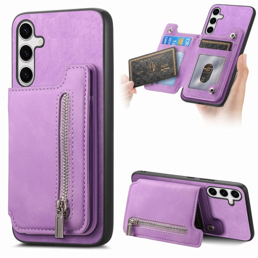 For Samsung Galaxy S25+ 5G Retro MagSafe Zipper Wallet Card Bag Back Phone Case(Purple) - Galaxy S25+ 5G Cases by buy2fix | Online Shopping UK | buy2fix