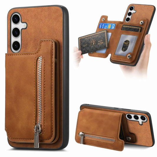 For Samsung Galaxy S25+ 5G Retro MagSafe Zipper Wallet Card Bag Back Phone Case(Brown) - Galaxy S25+ 5G Cases by buy2fix | Online Shopping UK | buy2fix