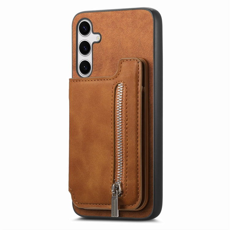 For Samsung Galaxy S25+ 5G Retro MagSafe Zipper Wallet Card Bag Back Phone Case(Brown) - Galaxy S25+ 5G Cases by buy2fix | Online Shopping UK | buy2fix