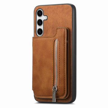 For Samsung Galaxy S25+ 5G Retro MagSafe Zipper Wallet Card Bag Back Phone Case(Brown) - Galaxy S25+ 5G Cases by buy2fix | Online Shopping UK | buy2fix