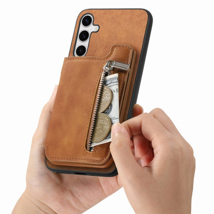 For Samsung Galaxy S25+ 5G Retro MagSafe Zipper Wallet Card Bag Back Phone Case(Brown) - Galaxy S25+ 5G Cases by buy2fix | Online Shopping UK | buy2fix