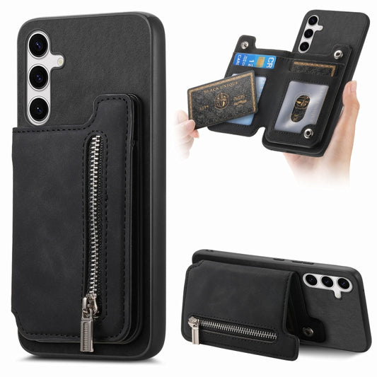 For Samsung Galaxy S25+ 5G Retro MagSafe Zipper Wallet Card Bag Back Phone Case(Black) - Galaxy S25+ 5G Cases by buy2fix | Online Shopping UK | buy2fix