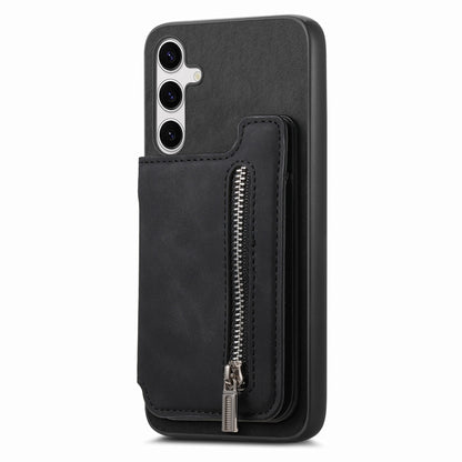 For Samsung Galaxy S25+ 5G Retro MagSafe Zipper Wallet Card Bag Back Phone Case(Black) - Galaxy S25+ 5G Cases by buy2fix | Online Shopping UK | buy2fix