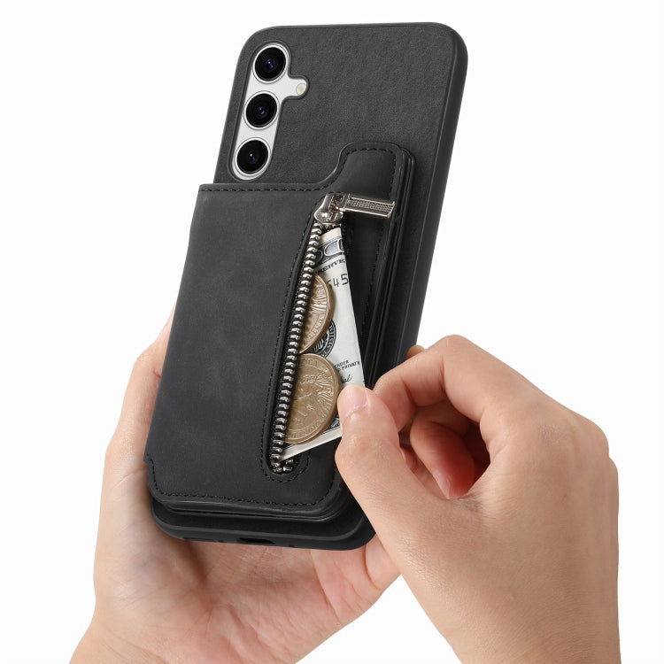 For Samsung Galaxy S25+ 5G Retro MagSafe Zipper Wallet Card Bag Back Phone Case(Black) - Galaxy S25+ 5G Cases by buy2fix | Online Shopping UK | buy2fix