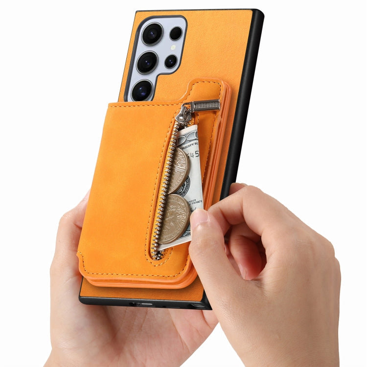 For Samsung Galaxy S25 Ultra 5G Retro MagSafe Zipper Wallet Card Bag Back Phone Case(Yellow) by buy2fix