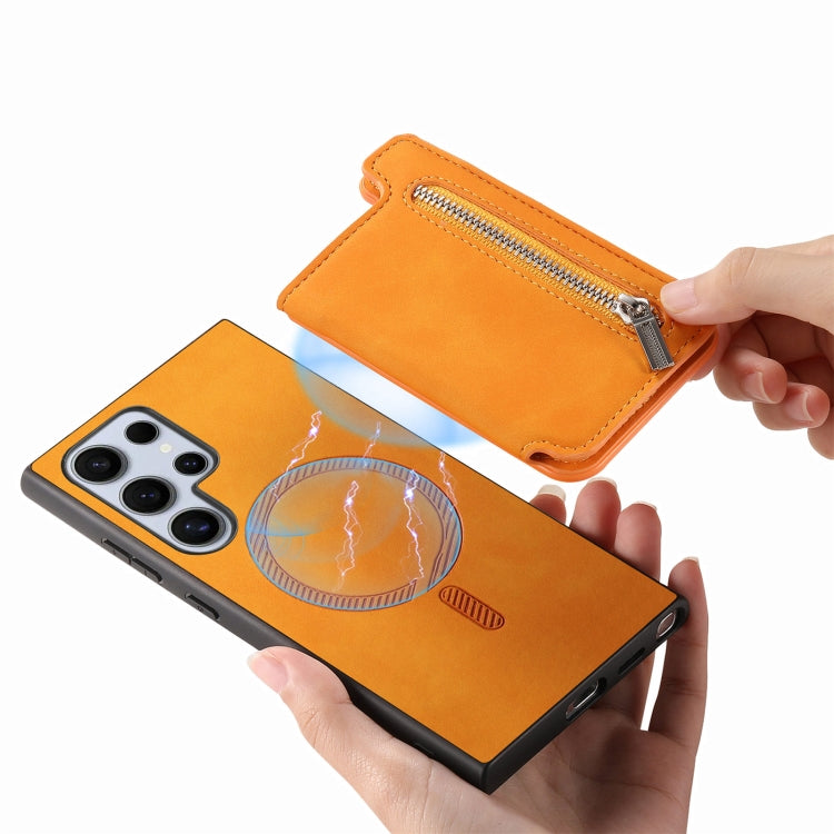 For Samsung Galaxy S25 Ultra 5G Retro MagSafe Zipper Wallet Card Bag Back Phone Case(Yellow) by buy2fix