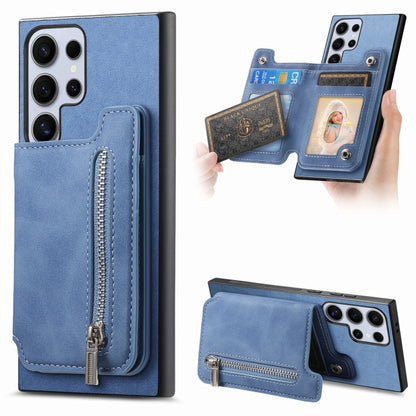 For Samsung Galaxy S25 Ultra 5G Retro MagSafe Zipper Wallet Card Bag Back Phone Case(Blue) by buy2fix
