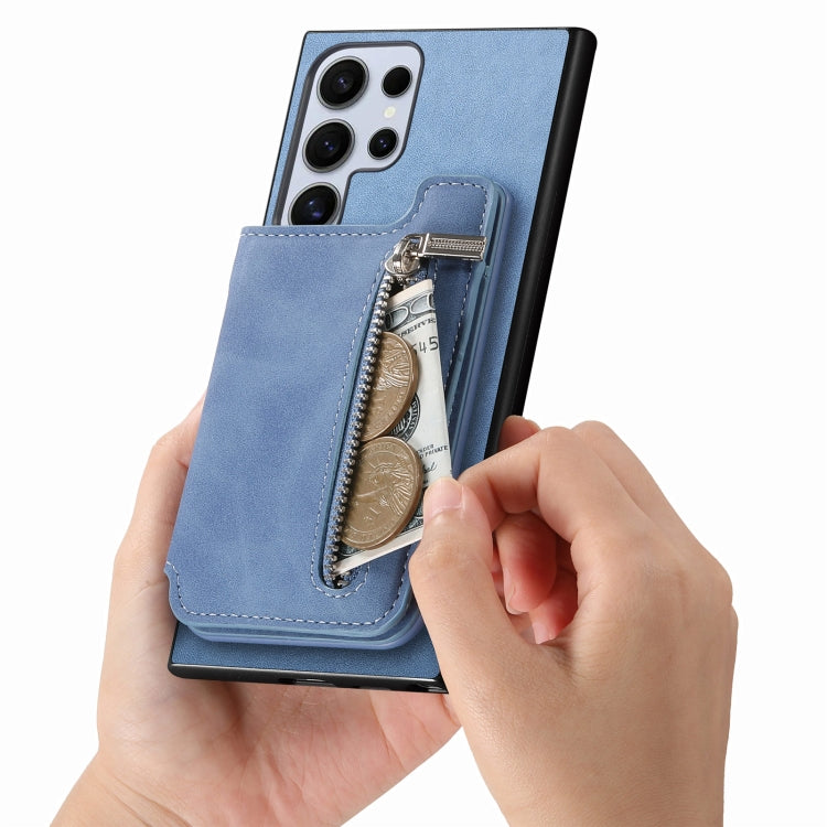 For Samsung Galaxy S25 Ultra 5G Retro MagSafe Zipper Wallet Card Bag Back Phone Case(Blue) by buy2fix