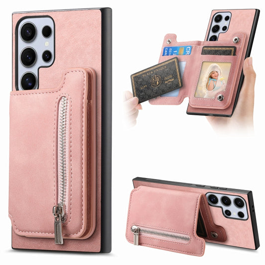 For Samsung Galaxy S25 Ultra 5G Retro MagSafe Zipper Wallet Card Bag Back Phone Case(Pink) by buy2fix