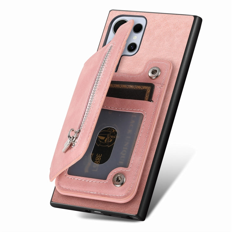 For Samsung Galaxy S25 Ultra 5G Retro MagSafe Zipper Wallet Card Bag Back Phone Case(Pink) by buy2fix