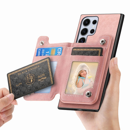 For Samsung Galaxy S25 Ultra 5G Retro MagSafe Zipper Wallet Card Bag Back Phone Case(Pink) by buy2fix