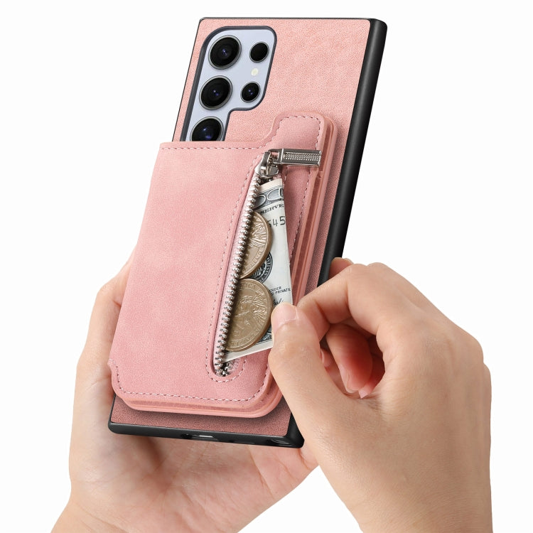 For Samsung Galaxy S25 Ultra 5G Retro MagSafe Zipper Wallet Card Bag Back Phone Case(Pink) by buy2fix