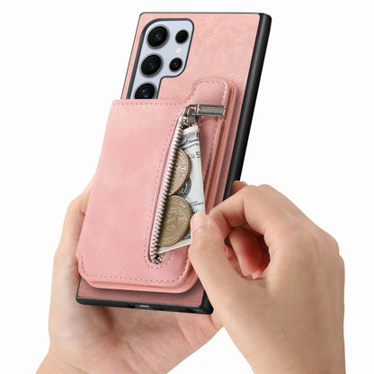 For Samsung Galaxy S25 Ultra 5G Retro MagSafe Zipper Wallet Card Bag Back Phone Case(Pink) by buy2fix