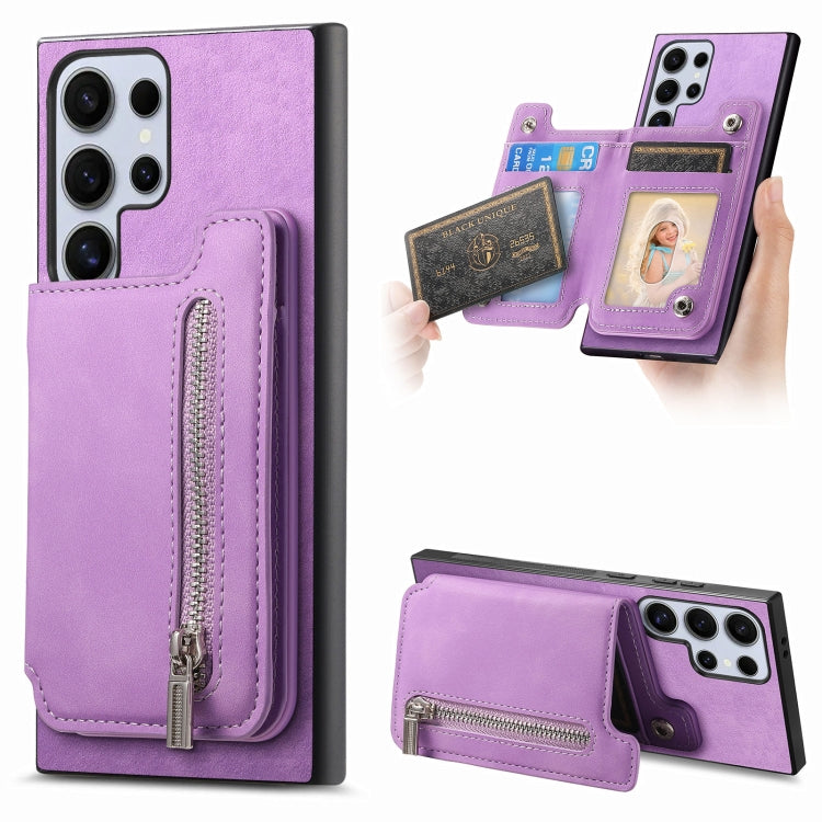For Samsung Galaxy S25 Ultra 5G Retro MagSafe Zipper Wallet Card Bag Back Phone Case(Purple) by buy2fix
