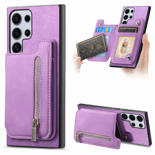 For Samsung Galaxy S25 Ultra 5G Retro MagSafe Zipper Wallet Card Bag Back Phone Case(Purple) by buy2fix