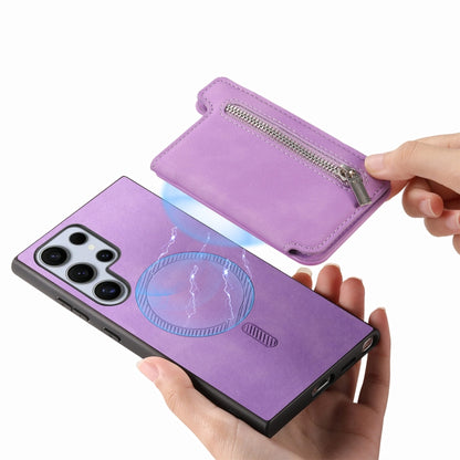 For Samsung Galaxy S25 Ultra 5G Retro MagSafe Zipper Wallet Card Bag Back Phone Case(Purple) by buy2fix