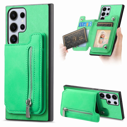 For Samsung Galaxy S25 Ultra 5G Retro MagSafe Zipper Wallet Card Bag Back Phone Case(Green) by buy2fix