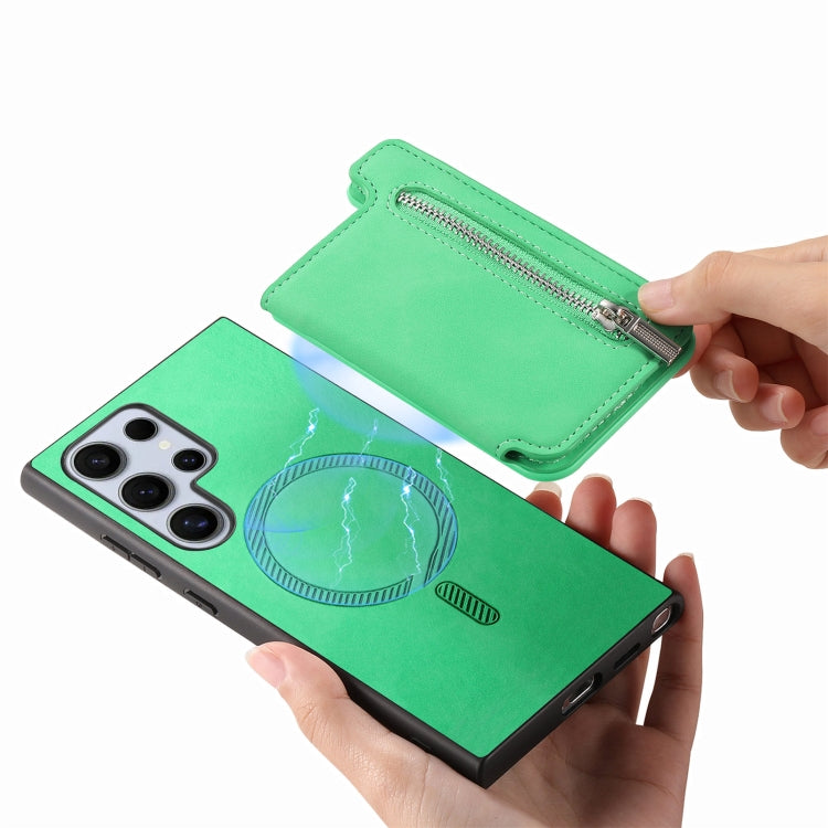 For Samsung Galaxy S25 Ultra 5G Retro MagSafe Zipper Wallet Card Bag Back Phone Case(Green) by buy2fix