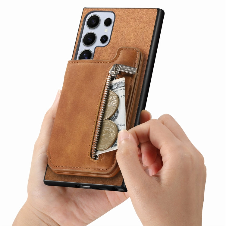 For Samsung Galaxy S25 Ultra 5G Retro MagSafe Zipper Wallet Card Bag Back Phone Case(Brown) by buy2fix
