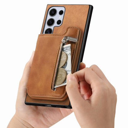 For Samsung Galaxy S25 Ultra 5G Retro MagSafe Zipper Wallet Card Bag Back Phone Case(Brown) by buy2fix