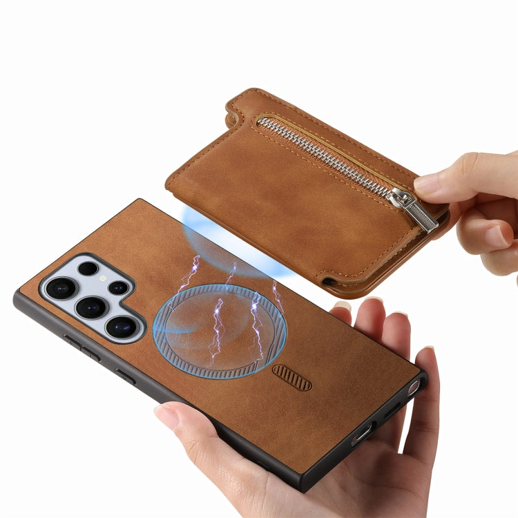 For Samsung Galaxy S25 Ultra 5G Retro MagSafe Zipper Wallet Card Bag Back Phone Case(Brown) by buy2fix
