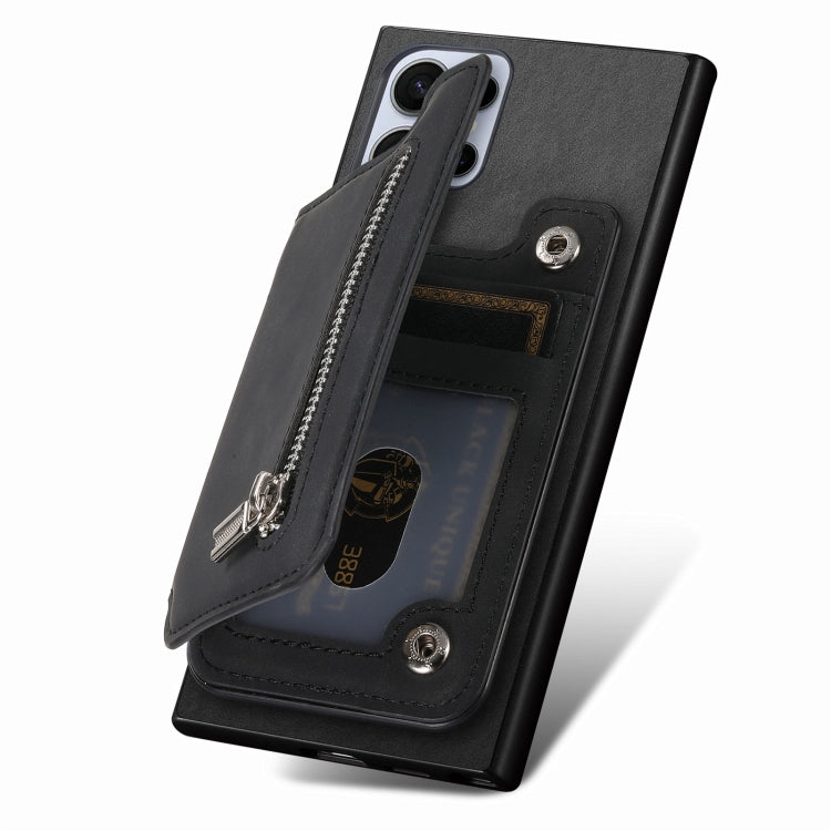 For Samsung Galaxy S25 Ultra 5G Retro MagSafe Zipper Wallet Card Bag Back Phone Case(Black) by buy2fix