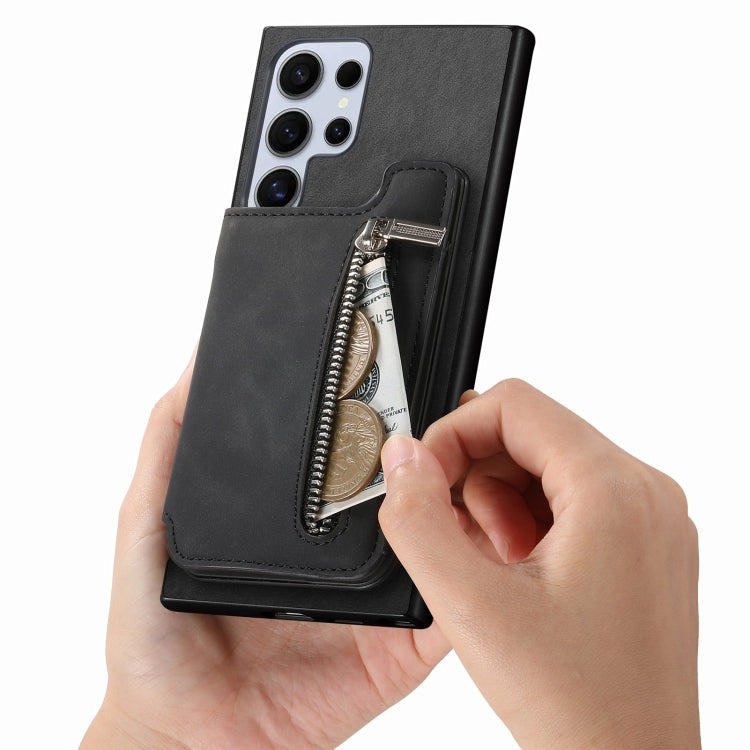 For Samsung Galaxy S25 Ultra 5G Retro MagSafe Zipper Wallet Card Bag Back Phone Case(Black) by buy2fix