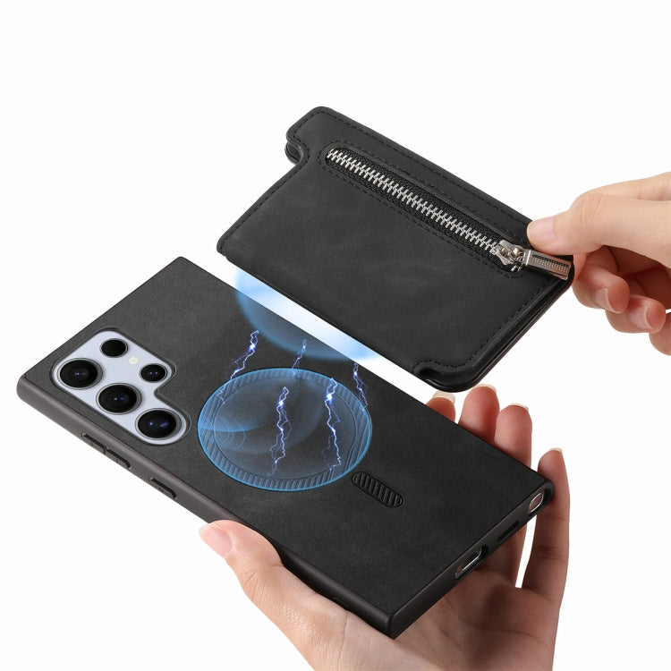 For Samsung Galaxy S25 Ultra 5G Retro MagSafe Zipper Wallet Card Bag Back Phone Case(Black) by buy2fix