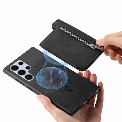 For Samsung Galaxy S25 Ultra 5G Retro MagSafe Zipper Wallet Card Bag Back Phone Case(Black) by buy2fix