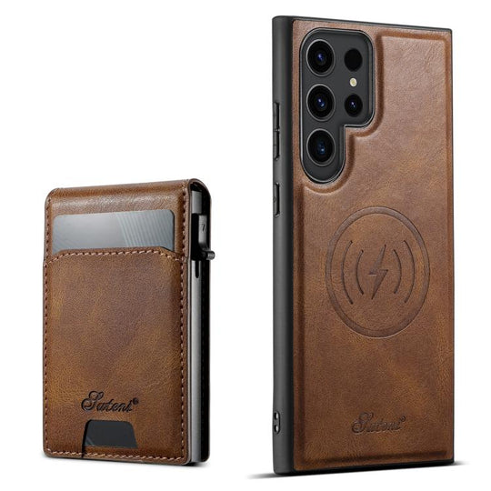 For Samsung Galaxy S25 Ultra 5G Suteni H19 Oil Wax 2-in-1 MagSafe Removable Card Box Back Phone Case(Brown)