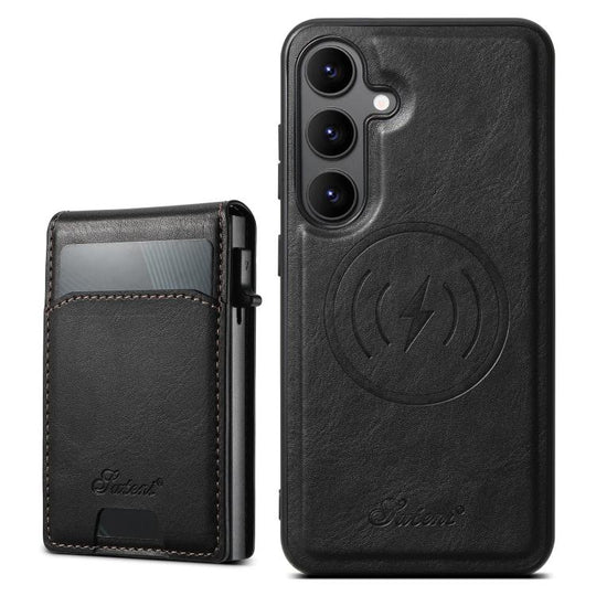 For Samsung Galaxy S25 5G Suteni H19 Oil Wax 2-in-1 MagSafe Removable Card Box Back Phone Case(Black)