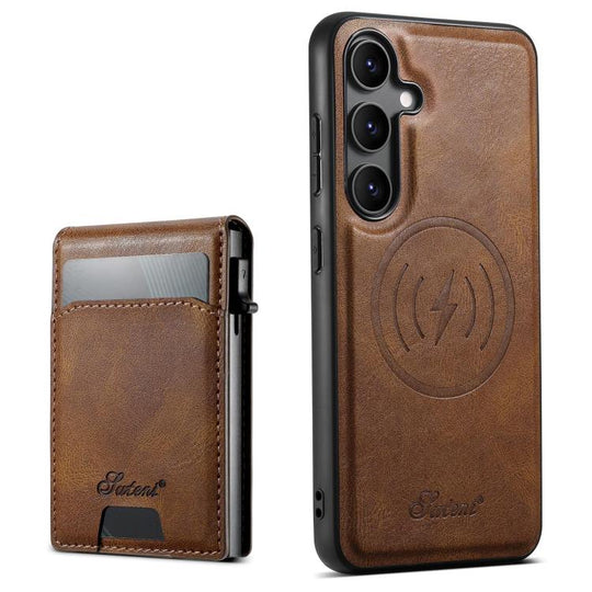 For Samsung Galaxy S25 5G Suteni H19 Oil Wax 2-in-1 MagSafe Removable Card Box Back Phone Case(Brown)