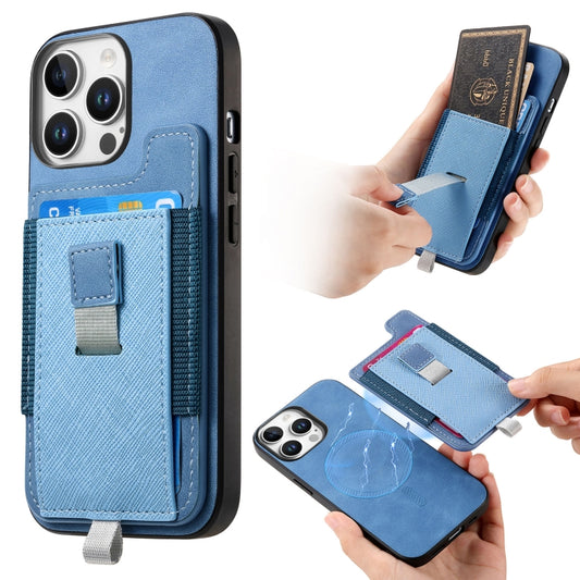 For iPhone 16 Pro Max Retro Magsafe Cross Leather Pull-Out Card Bag Back Phone Case(Blue) - iPhone 16 Pro Max Cases by buy2fix | Online Shopping UK | buy2fix
