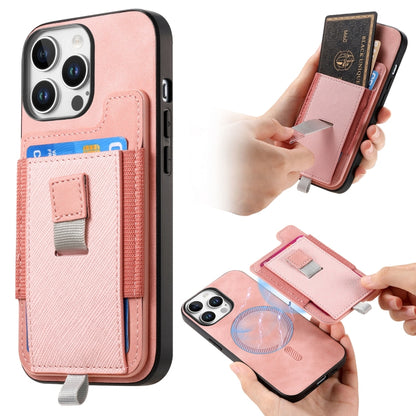 For iPhone 16 Pro Retro Magsafe Cross Leather Pull-Out Card Bag Back Phone Case(Pink) - iPhone 16 Pro Cases by buy2fix | Online Shopping UK | buy2fix