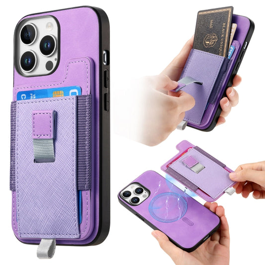 For iPhone 16 Pro Retro Magsafe Cross Leather Pull-Out Card Bag Back Phone Case(Purple) - iPhone 16 Pro Cases by buy2fix | Online Shopping UK | buy2fix