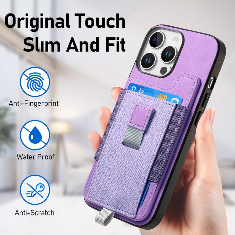 For iPhone 16 Pro Retro Magsafe Cross Leather Pull-Out Card Bag Back Phone Case(Purple) - iPhone 16 Pro Cases by buy2fix | Online Shopping UK | buy2fix