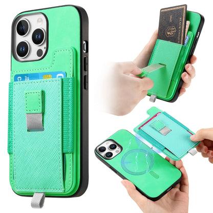 For iPhone 16 Pro Retro Magsafe Cross Leather Pull-Out Card Bag Back Phone Case(Green) - iPhone 16 Pro Cases by buy2fix | Online Shopping UK | buy2fix