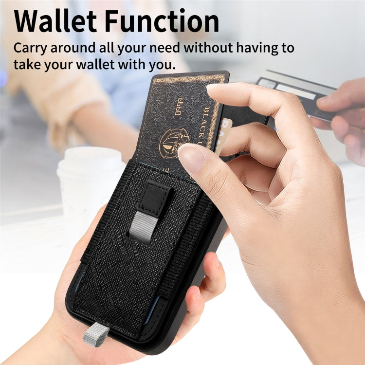 For iPhone 16 Pro Retro Magsafe Cross Leather Pull-Out Card Bag Back Phone Case(Black) - iPhone 16 Pro Cases by buy2fix | Online Shopping UK | buy2fix