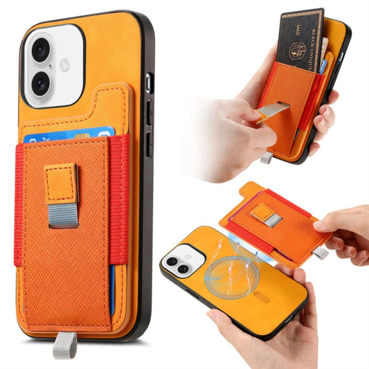 For iPhone 16 Plus Retro Magsafe Cross Leather Pull-Out Card Bag Back Phone Case(Yellow) - iPhone 16 Plus Cases by buy2fix | Online Shopping UK | buy2fix