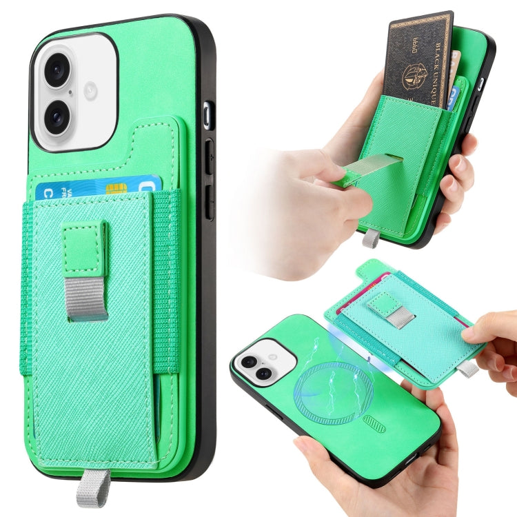 For iPhone 16 Retro Magsafe Cross Leather Pull-Out Card Bag Back Phone Case(Green) - iPhone 16 Cases by buy2fix | Online Shopping UK | buy2fix