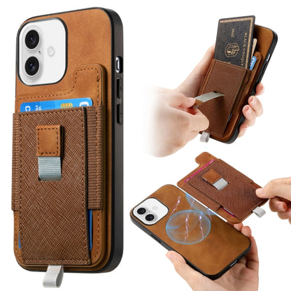 For iPhone 16 Retro Magsafe Cross Leather Pull-Out Card Bag Back Phone Case(Brown) - iPhone 16 Cases by buy2fix | Online Shopping UK | buy2fix